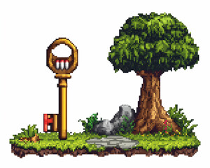 Fototapeta premium Golden Key, Tree, Pixel Art, Fantasy Landscape, Game Asset.