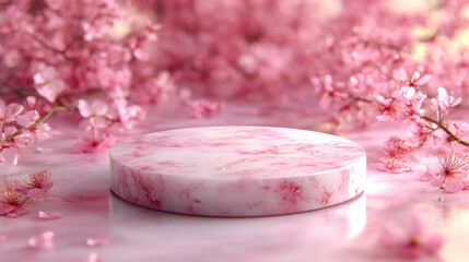 Pink marble podium with cherry blossoms.