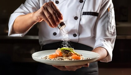 Chef sprinkles salt on food, white uniform, plated dish, professional, seasoning, kitchen setting.
