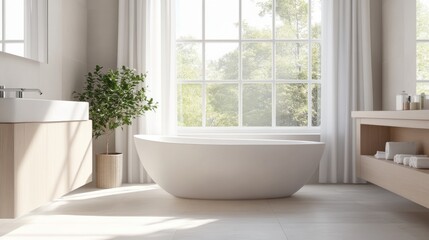 Fototapeta premium Minimalist bathroom with white and warm beige fixtures. Featuring a clean, bright design with minimal decoration