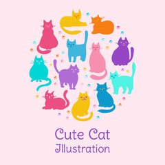Cute kitten childish colorful poster. Cats silhouette hand drawn set. Modern funny pet animal poster kids design. Postcard cats in different poses. Mammal drawing character vector illustration