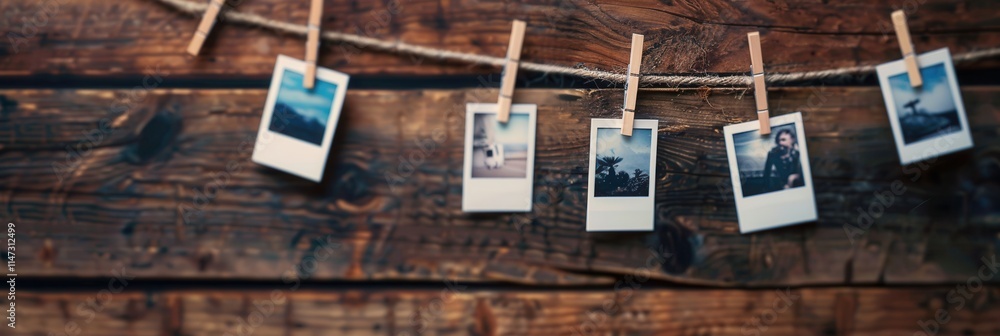 Poster polaroid photographs hanging on a string with clothespins create a charming display on rustic wooden