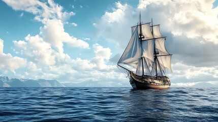 Sailing ship on the ocean. Adventure, travel, and exploration concept.