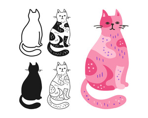 Cat symbol cartoon set. Abstract hand drawn comic kitten linear icon. Pet animal collection sign for card website app. Humorous sign doodle, silhouette character cat. Vector isolated illustration art