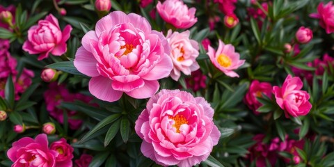 Fototapeta premium Pink peony flowers blooming in a lush garden setting, background, vibrant, bloom