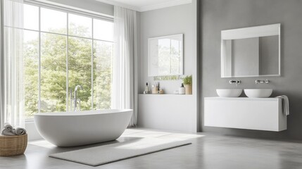 Minimalist bathroom with white and warm grey fixtures. Featuring a clean, bright design with minimal decoration