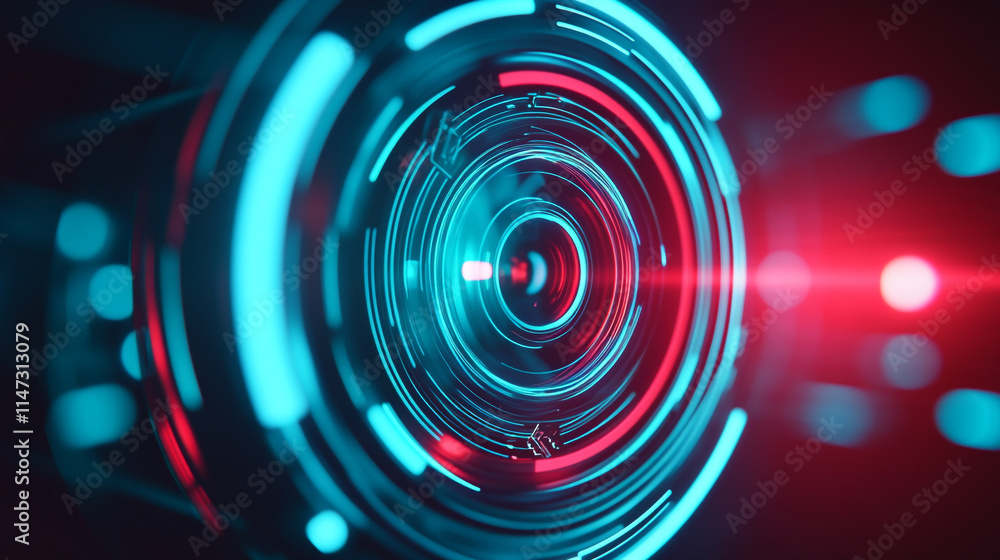 Poster explore a futuristic digital array with blue and red glowing elements.