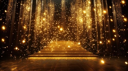 Dramatic golden stage with cascading glitter lights, a grand staircase, and a backdrop filled with subtle bokeh effects