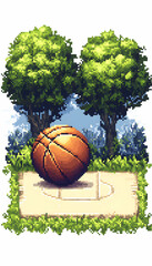 Pixel Art Basketball Court, Trees, Outdoors, Game, Summer.