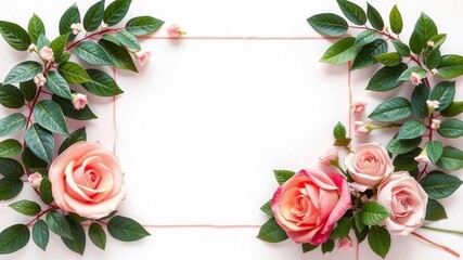 Rose flower with leaves frame, perfect for invitations and greeting cards, wedding decor, floral border, wedding decor, greeting card, leaves