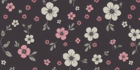 Seamless charcoal small floral elements wallpaper design with delicate flowers and leaves, flowers, leaves, wallpaper