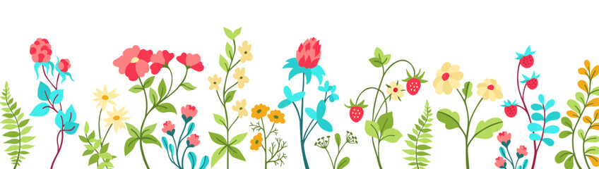 Floral border with blooming flowers, grass, rustic berries. Horizontal banner with hand drawn branch summer folk wildflowers isolated on white background. Rural abstract nature backdrop vector design