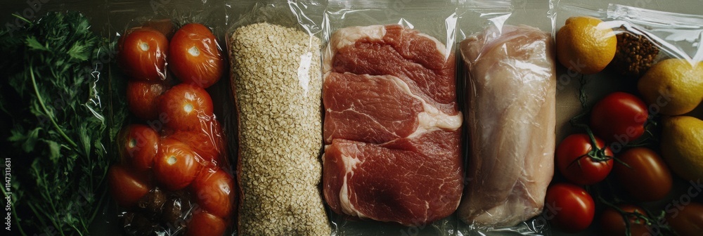 Aufkleber fresh vegetables, grains, and assorted meats arranged neatly with room for text or branding. generat