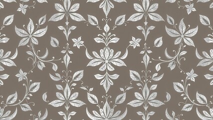 Fototapeta premium Seamless silver lace leaves wallpaper pattern with intricate design elements, Modern, Metallic, Design