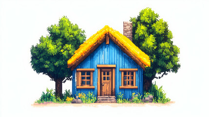 Pixel art blue cottage, thatched roof, trees, game asset, idyllic scene.