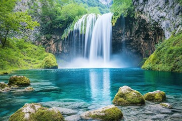 Fototapeta premium Serene waterfall cascading into a crystal-clear pool, surrounded by lush greenery and mossy rocks.