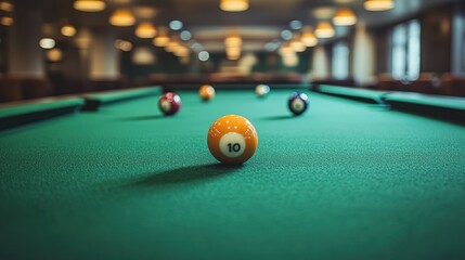 Pool table with balls, game in progress.