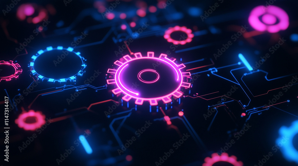Poster bright gears and circuit patterns glowing with futuristic colors at night.