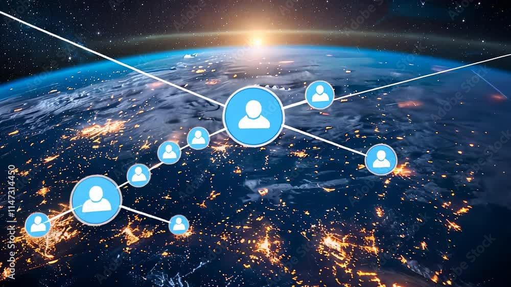 Fototapete planet with a network of lines connecting it to other planets. connections system and global datas e