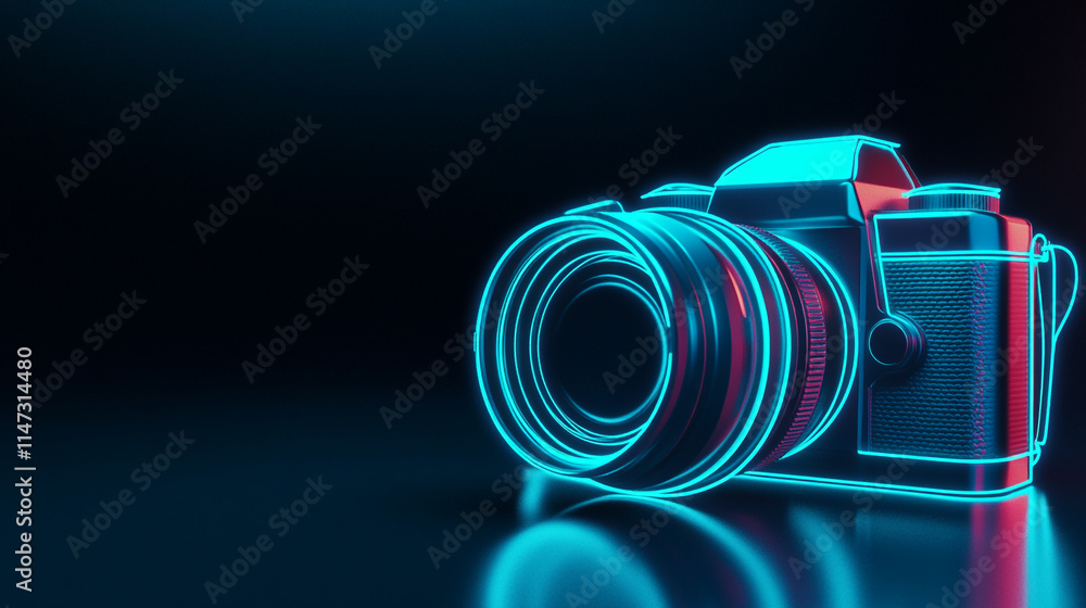 Poster retro camera design with neon effect on dark background for creative projects.