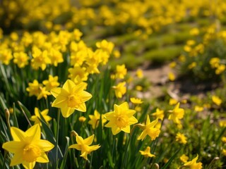 Fototapeta premium Vibrant daffodil flowers blooming in a sunlit field, nature, yellow, vibrant
