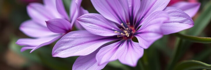 Fototapeta premium Vibrant purple flower petals and delicate leaves in a close-up shot, nature, garden
