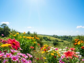 Obraz premium Vibrant outdoor scene with colorful flowers, lush greenery, and clear blue sky, peaceful, landscape, bright