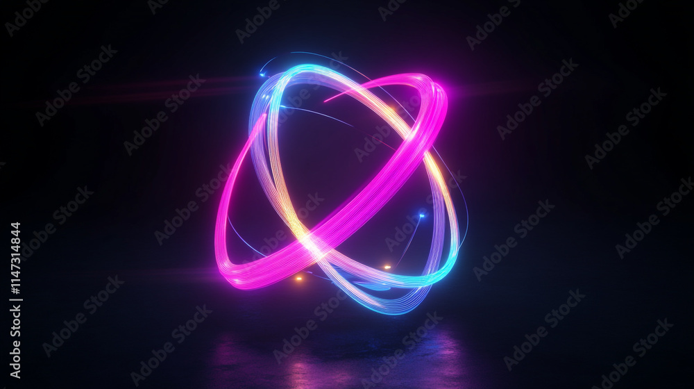 Poster vibrant glowing atomic structure with swirling light trls in dark setting.