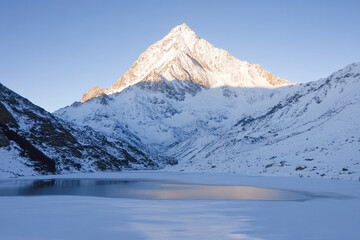 A mountain with snow on it and a lake in front of it