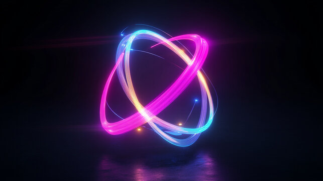 Vibrant glowing atomic structure with swirling light trls in dark setting.  