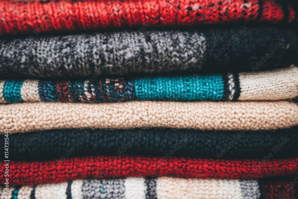 Poster a pile of knitted sweaters with different colors and patterns