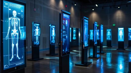 Futuristic digital interface showcasing holographic 3D projection of human anatomy medical data and advanced diagnostic visualization tools  Innovative technological concept for healthcare research