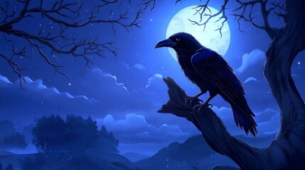 Fototapeta premium Cute Cartoon Raven Silhouette on a Branch in Winter Nature Illustration