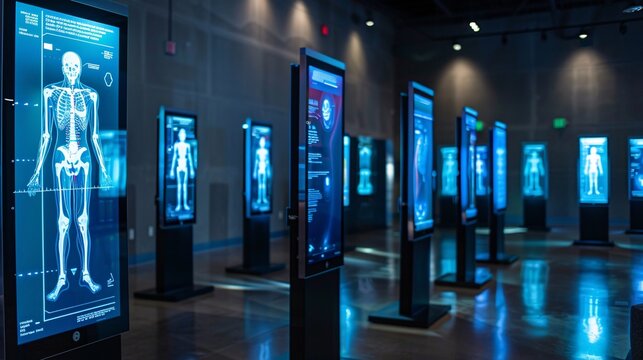 Futuristic digital interface showcasing holographic 3D projection of human anatomy medical data and advanced diagnostic visualization tools Innovative technological concept for healthcare research