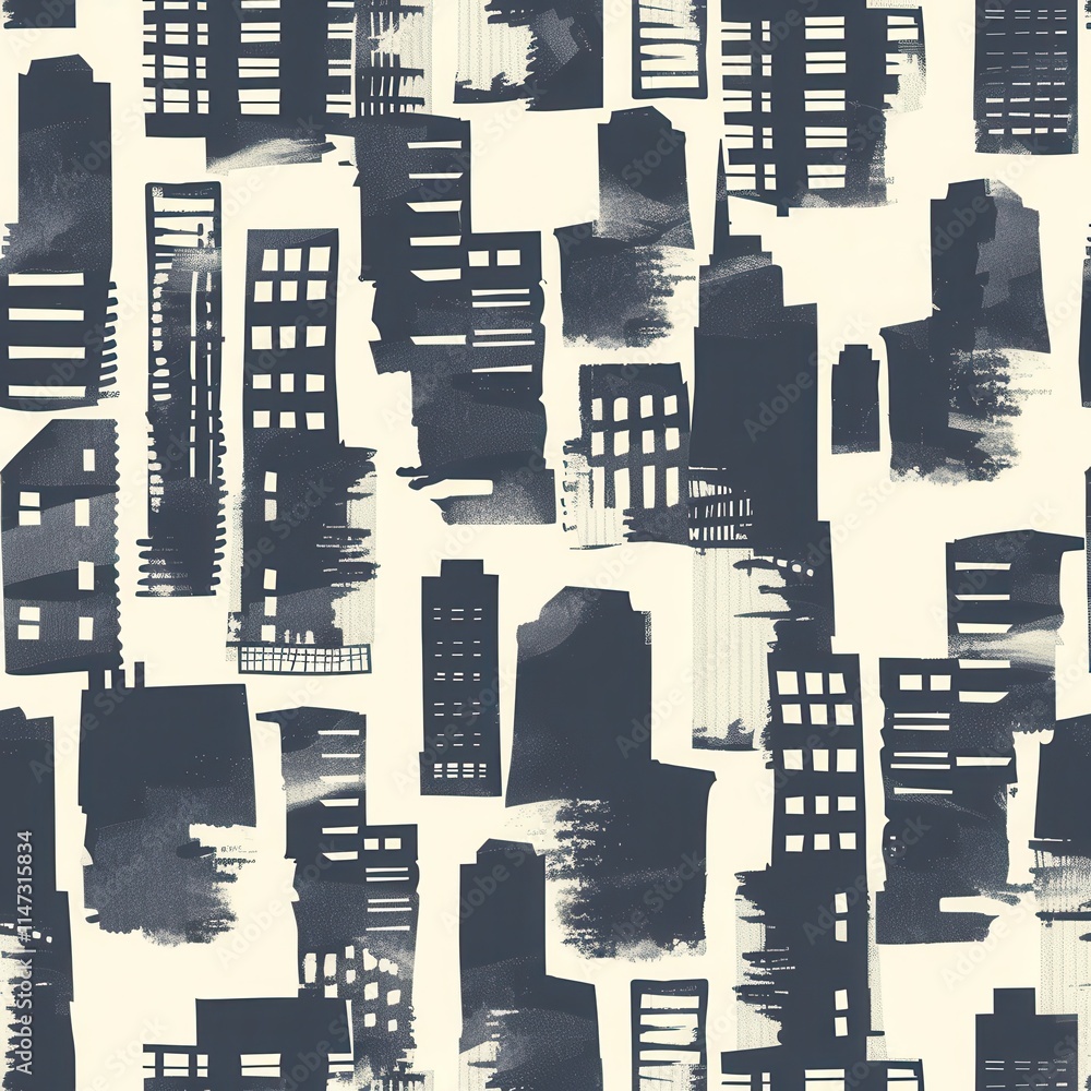 Poster artistic abstract cityscape design featuring varying building shapes and textures in dark tones on a