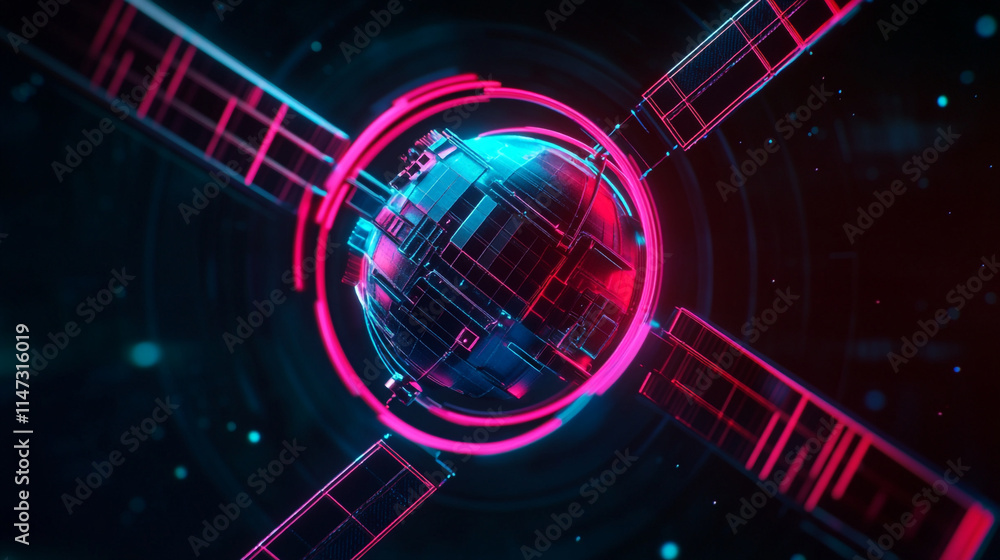 Poster vibrant digital globe with neon grid patterns in a futuristic setting.
