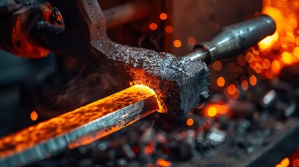 Intense heat and fire in a blacksmith s workshop as molten metal is shaped and forged on an anvil creating sparks and a glowing fiery display of metalworking craftsmanship