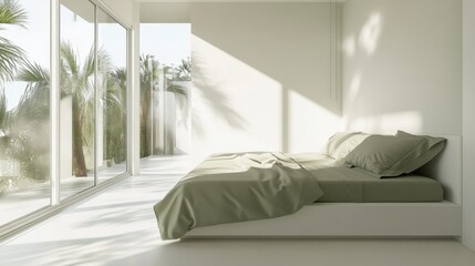 Minimalist bedroom with white and muted green bedding. Featuring a clean, bright design with minimal decoration