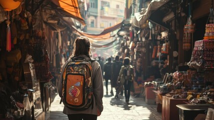 Naklejka premium Woman backpacker exploring vibrant, crowded Asian market street.