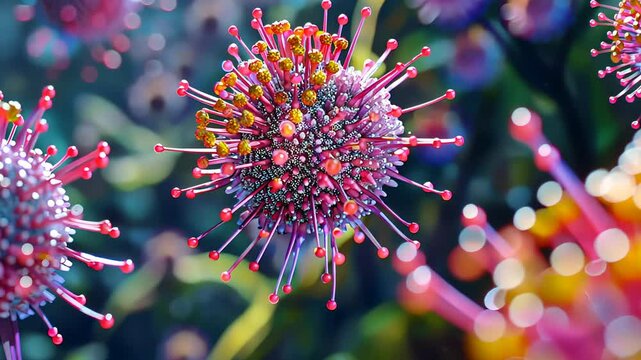 bunch of viruses are floating in the air. The viruses are brown and have a fuzzy appearance, Group of virus cells. 3D illustration, Coronavirus cells
