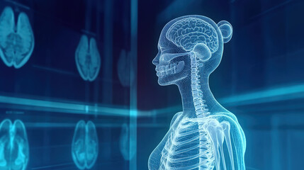 Translucent female human body, bone and nervous system graphics in holographic image