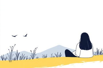 Fototapeta premium A woman sits on a hillside overlooking a valley