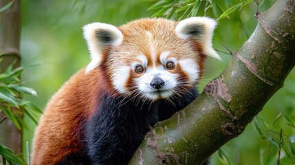 Adorable red panda perched on a tree branch, looking directly at the camera.