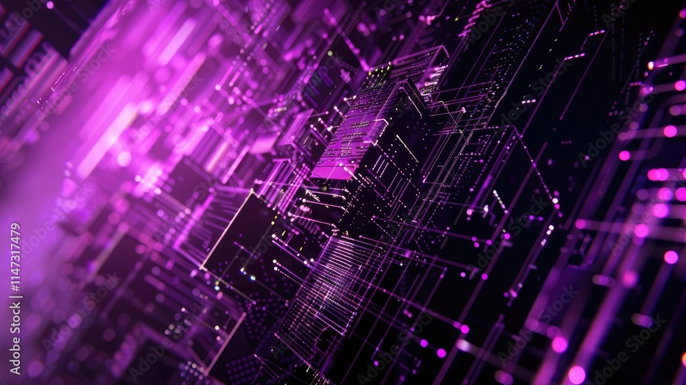 Poster explore this captivating cyberpunk style image featuring intricate lines and shapes in vibrant purpl