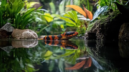Obraz premium A vibrant snake partially submerged in a tranquil pond, reflected in the still water amidst lush tropical foliage.