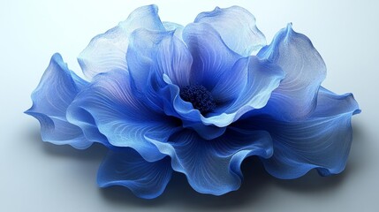 Blue Ruffled Flower Petals on Soft Gray Background. Generative AI