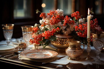 table set for a gala dinner, candles and flowers: ,.   