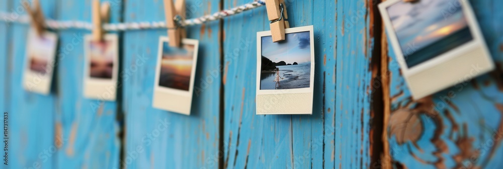 Aufkleber Polaroid photographs displayed on string with clothespins against a rustic blue wooden background, perfect for creative presentations. Generative AI