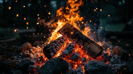 Fototapeta premium Fiery bonfire burning brightly at night, embers glowing, sparks flying.