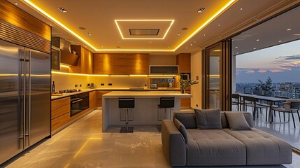 Modern Luxury Kitchen and Living Area with Stunning City Sunset View